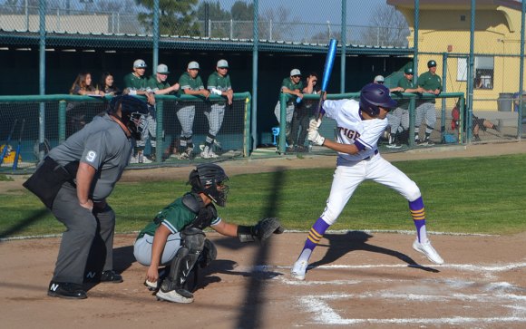Lemoore's Anfernee Murrieta at the plate Wednesday afternoon as the Tigers lost their first game this season.